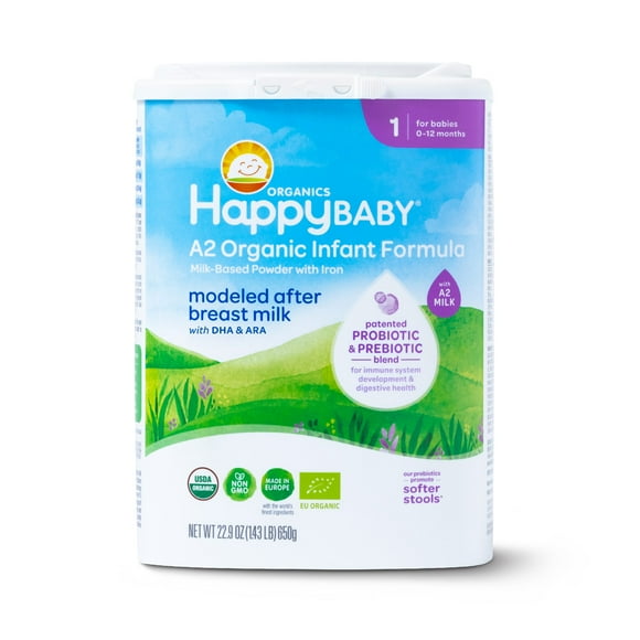 Happy Baby Organics Stage 1 A2 Organic Infant Formula with Probiotic & Prebiotic Blend, 22.9 OZ Container UNIT