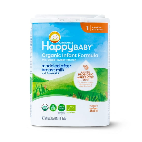 Happy Baby Organics Stage 1 Organic Infant Formula with Probiotic & Prebiotic Blend, 22.9 OZ Container UNIT