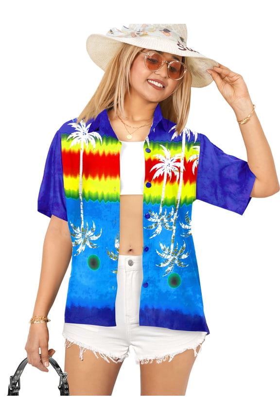 Button Down Shirt for Women Casual Beach Party Short Sleeve Vacation Blouse Shirt Summer Button up Dress Hawaiian Shirts Blouses for Women S Upside Down Palm, Royal Blue
