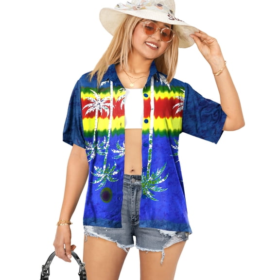 HAPPY BAY Button Down Shirt for Women Casual Holiday Summer Beach Party Short Sleeve Blouse Shirt V Neck Blouses Tee Hawaiian Shirts for Women L Upside Down Palm, Navy Blue