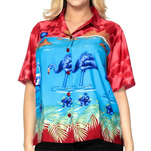 HAPPY BAY Button Down Shirt for Women Casual Summer Beach Party Blouse Shirt Blouses Short Sleeve Tropical Vacation Dress Hawaiian Shirts for Women S plus-size Blue Flamingo, Red