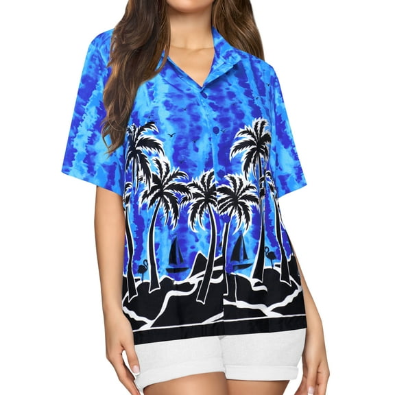 HAPPY BAY Button Down Shirt for Women Casual Summer Beach Party Blouse Shirt Dressy Blouses Short Sleeve Button up Dress Hawaiian T Shirts for Women M Cobalt, Landscape Drawing