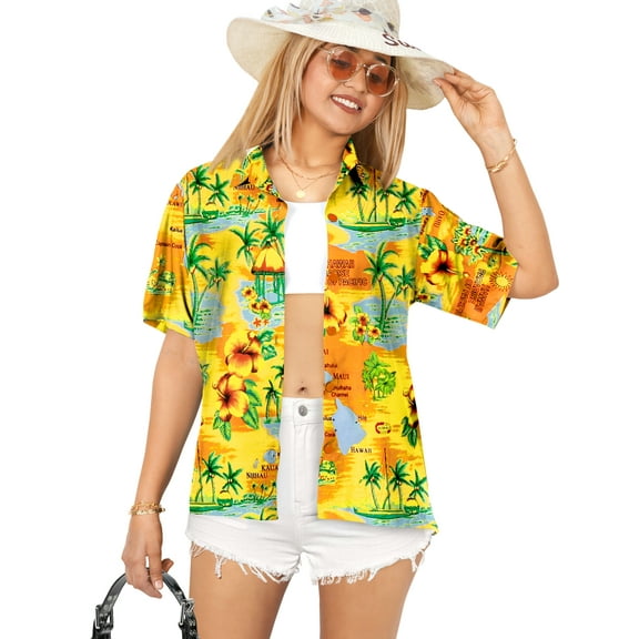 HAPPY BAY Button Down Shirt for Women Casual Summer Beach Party Blouse Shirt Floral Tops Blouses Short Sleeve Dress Shirts Hawaiian T Shirt for Women L Ocean Chart, Orange