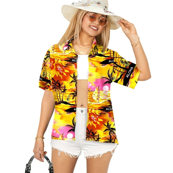 HAPPY BAY Button Down Shirt for Women Casual Summer Beach Party Blouses Shirt Blouse Short Sleeve Tropical Vacation Hawaiian Shirts Tank Top Women XL Palm Tree View, Orange