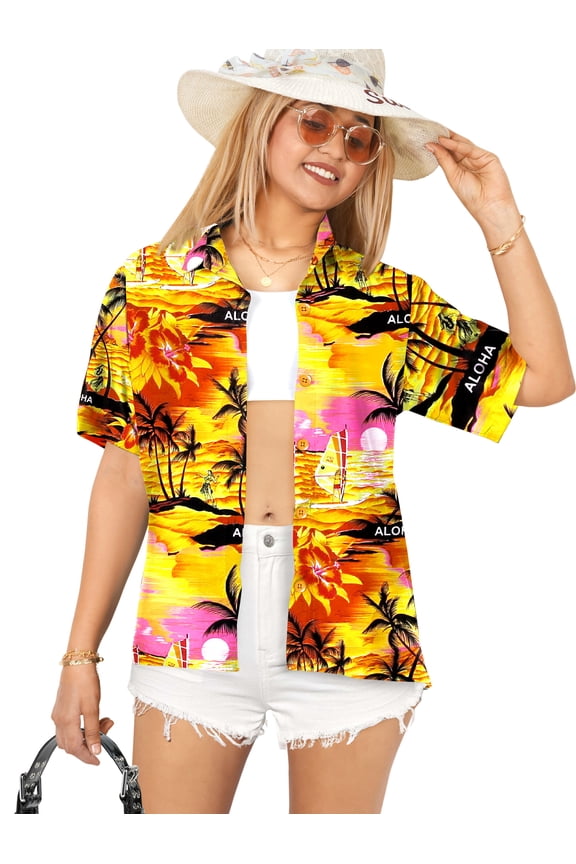 Button Down Shirt for Women Casual Summer Beach Party Blouses Shirt Blouse Short Sleeve Tropical Vacation Hawaiian Shirts Tank Top Women XL Palm Tree View, Orange