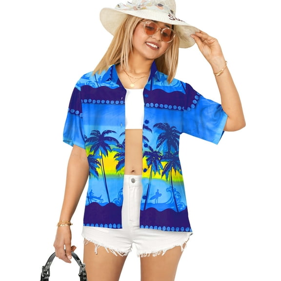 HAPPY BAY Button Down Shirt for Women Casual Summer Beach Party Blouses Shirt Blouse Short Sleeve Tropical Vacation Tee Hawaiian Shirts Tank Top Women XL Palm Tree Sky, Blue