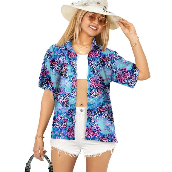 HAPPY BAY Button Down Shirt for Women Casual Summer Beach Party Blouses Shirt Hawaii Blouse Short Sleeve Tropical Vacation Hawaiian Shirts for Women L Floral, Blue