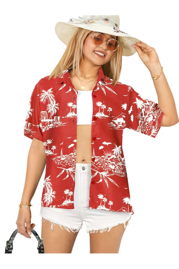 Button Down Shirt for Women Casual Summer Beach Party Blouses Shirt Hawaiian T-Shirt Blouse Short Sleeve Button up Dress Tee Shirts for Women S Holiday Island, Red