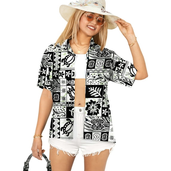 HAPPY BAY Button Down Shirt for Women Casual Summer Beach Party Short Sleeve Blouse Shirt Dressy Blouses Button up Hawaiian T Shirts for Women S Aloha Turtle, Black
