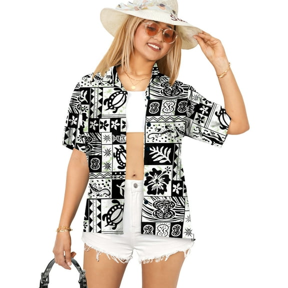 HAPPY BAY Button Down Shirt for Women Casual Summer Beach Party Short Sleeve Blouse Shirt Dressy Blouses Button up Hawaiian T Shirts for Women XL Aloha Turtle, Black