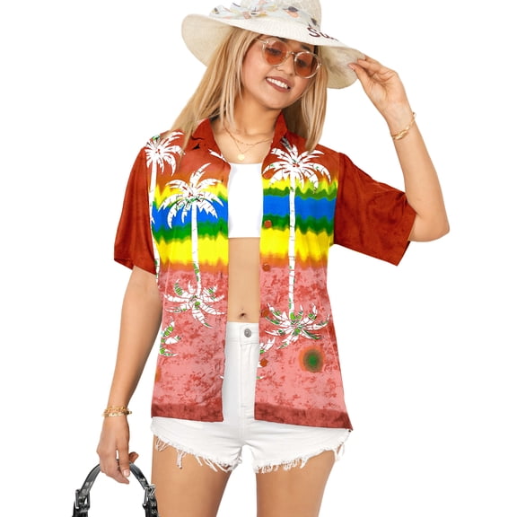 HAPPY BAY Button Down Shirt for Women Casual Summer Beach Party Short Sleeve Blouse Shirt Hawaii Blouses Dress Button up Hawaiian Shirts for Women M Upside Down Palm, Red
