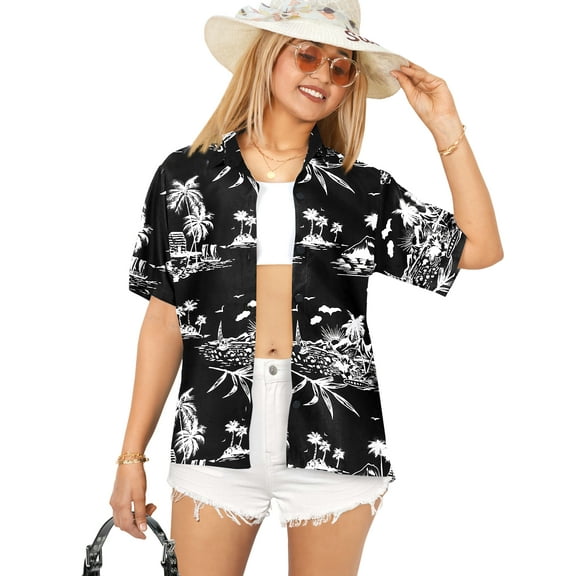 HAPPY BAY Button Down Shirt for Women Casual Summer Beach Party Short Sleeve Blouse Shirt Tropical Blouses Dress Tops Tee Shirts Hawaiian Dresses for Women S Island View, Black