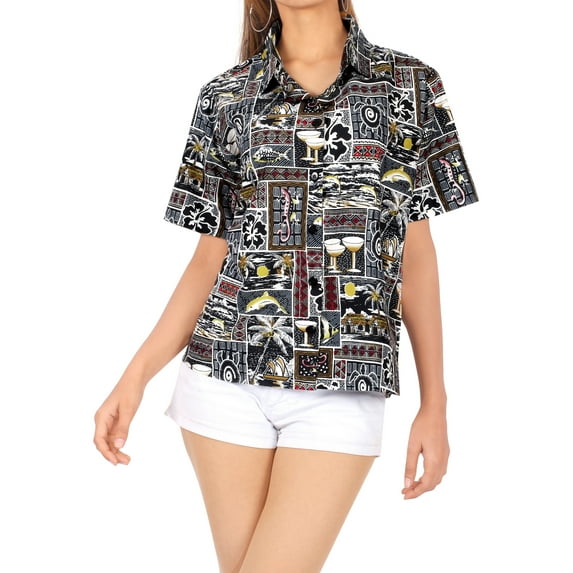 HAPPY BAY Button Down Shirt for Women Casual Summer Beach Party Short Sleeve Tropical Vacation Blouse Shirt Blouses Hawaiian Shirts for Women XXL Hawaii Theme, Black