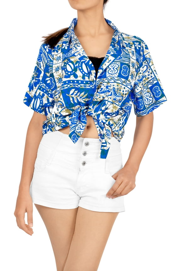 Button Down Shirt for Women Casual Summer Beach Party Short Sleeve Vacation Tops Blouse Shirt V Neck Blouses Hawaiian Shirts for Women M Aloha Turtle, Blue