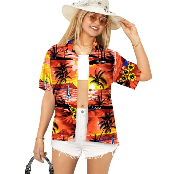 HAPPY BAY Button Down Shirt for Women Casual Summer Hawaiian Beach Party Shirt Hawaii Blouse Short Sleeve Vacation Dress Shirts for Women L Palm Tree Island, Red