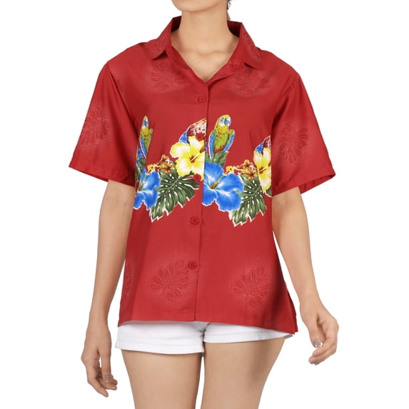 HAPPY BAY Button Down Shirt for Women Floral Beach Party Blouse Shirt Summer Button up Short Sleeve Dress Hawaiian Shirts Colourful Tops Blouses for Women S Parrot Print, Red