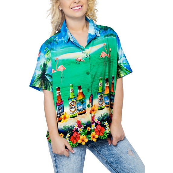 HAPPY BAY Button Down Shirt for Women Floral Summer Beach Party Blouse Flamingo Shirt Blouses Short Sleeve Tropical Vacation Hawaiian Shirts for Women XL Bottle, Blue