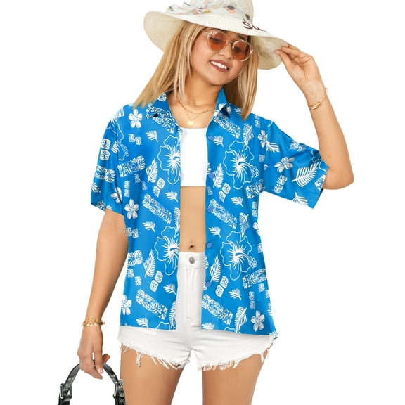 HAPPY BAY Button Down Shirt for Women Floral Summer Beach Party Blouse Shirt Hawaiian T-Shirt Colourful Blouses Short Sleeve Vacation Dress Shirts for Women M Hawai Theme, Blue