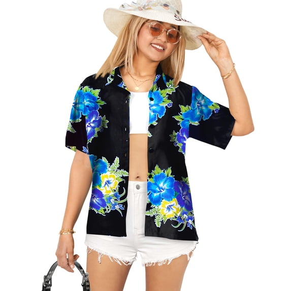 HAPPY BAY Button Down Shirt for Women Floral Summer Beach Party Blouse Shirt Hawaiian TShirts Short Sleeve Vacation Blouses for Women L plus-size Retro Hibiscus, Blue