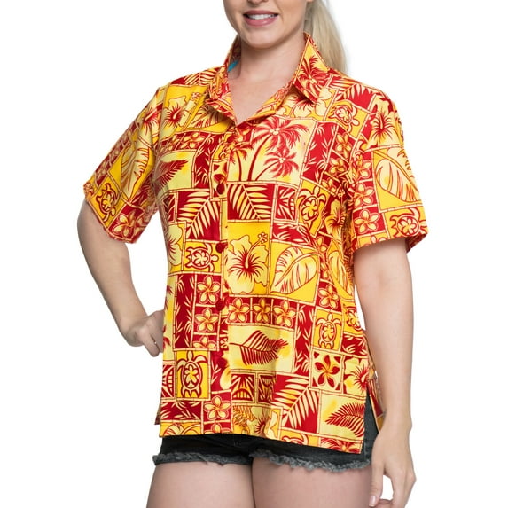 HAPPY BAY Button Down Shirt for Women Floral Summer Beach Party Blouse Shirt Hawaiian TShirts Short Sleeve Vacation Tops Dress Shirts Blouses for Women L Aloha, Red