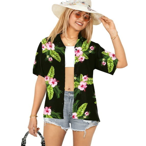 HAPPY BAY Button Down Shirt for Women Floral Summer Beach Party Blouse Shirt Tropical Blouses Short Sleeve Vacation Shirts Hawaiian Dresses for Women XXL Tiny Lily, Black