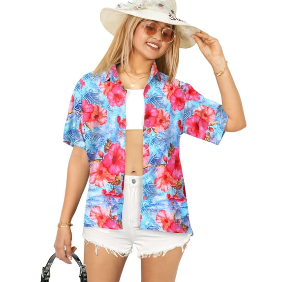 HAPPY BAY Button Down Shirt for Women Floral Summer Beach Party Tops Blouses Shirt Tropical Blouse Short Sleeve Button up Hawaiian Dresses for Women L Hibiscus, Blue