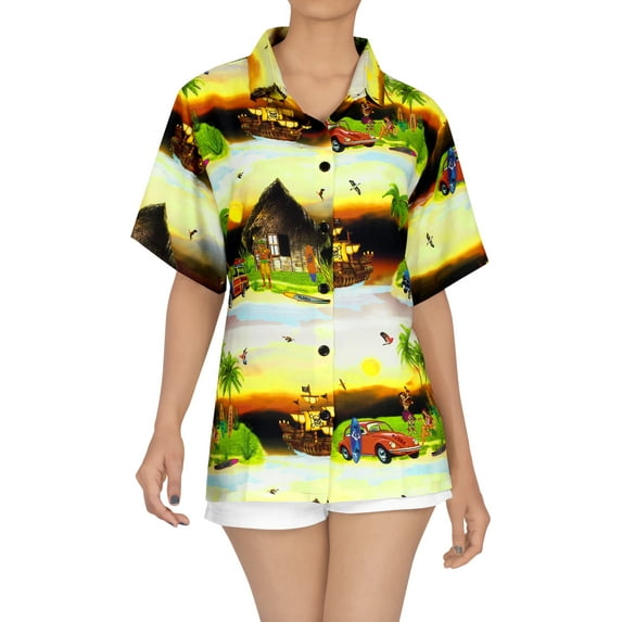HAPPY BAY Button Down Shirt for Women Funky Vacation Button up Summer Beach Casual Party Blouse Short Sleeve Hawaiian Tropical Shirts for Women XL Asher, Holiday Tribal