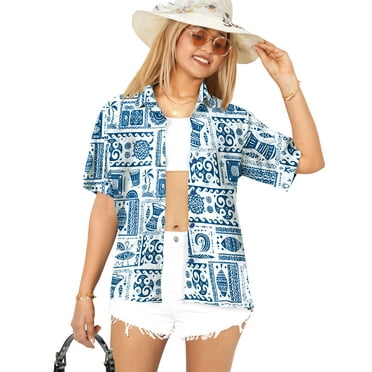 HAPPY BAY Button Down Shirt for Women Summer Beach Party Blouse Shirt V Neck Blouses Button up Short Sleeve Vacation Dress Hawaiian Shirts for Women S Fish Collage, Blue