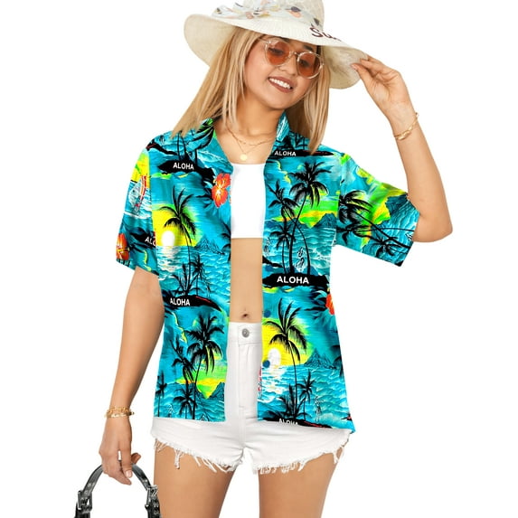 HAPPY BAY Button Down Shirt for Women Summer Beach Party Blouses Shirt Collared Blouse Short Sleeve Tee Hawaiian Shirts Tops for Women XXL Palm Tree View, Autumn Turquoise