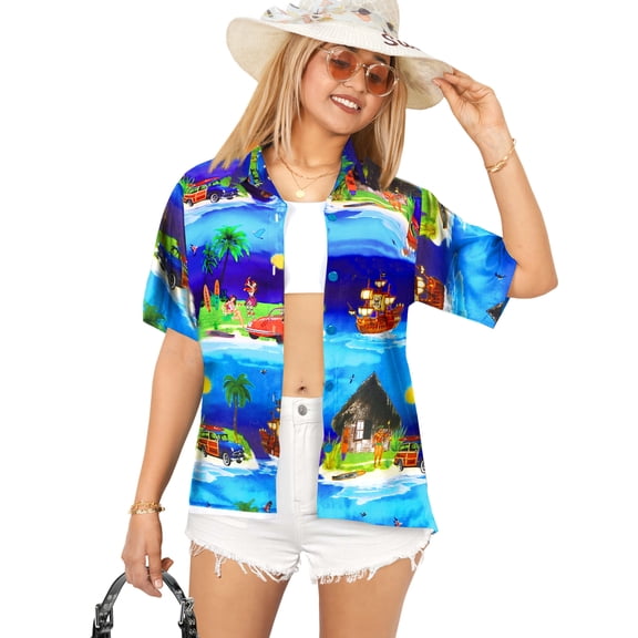 HAPPY BAY Button Down Shirt for Women Summer Beach Party Blouses Shirt Hawaiian T-Shirt Blouse Short Sleeve Tropical Vacation Shirts Tops for Women XL Holiday Tribal, Blue