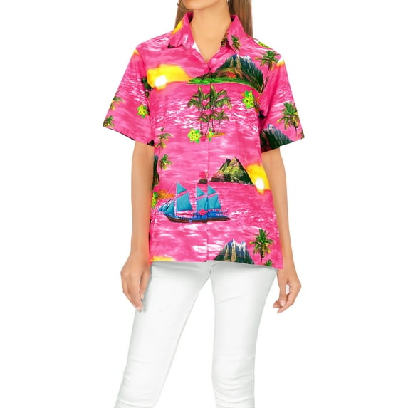 HAPPY BAY Button Down Shirt for Women Summer Beach Party Blouses Shirt Tropical Blouse Short Sleeve Button up Shirts Hawaiian Dresses S Island View, Autumn Pink