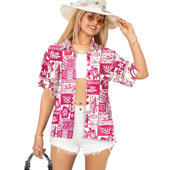 HAPPY BAY Button Down Shirt for Women Summer Beach Party Short Sleeve Blouse Shirt Blouses Button up Dress Shirts Hawaiian T Shirt for Women S Aloha Turtle, Pink