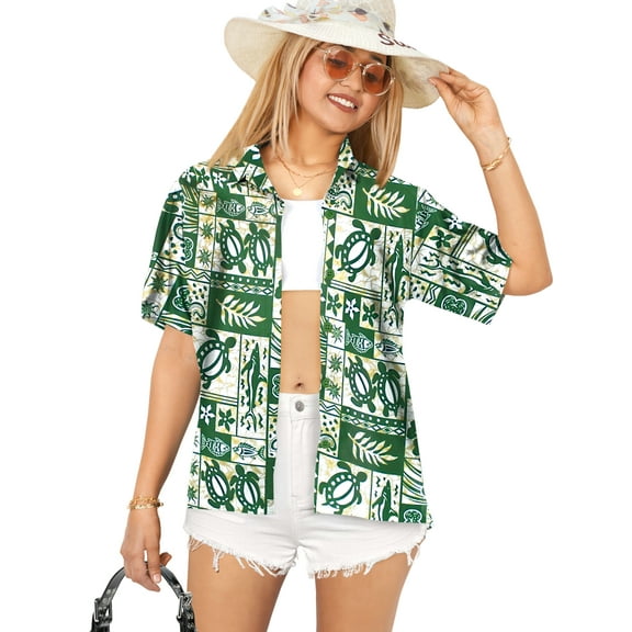 HAPPY BAY Button Down Shirt for Women Summer Beach Party Short Sleeve Vacation Blouse Shirt Hawaiian T-Shirt Blouses Dress Tee Shirts Tops for Women L Aloha Turtle, Green