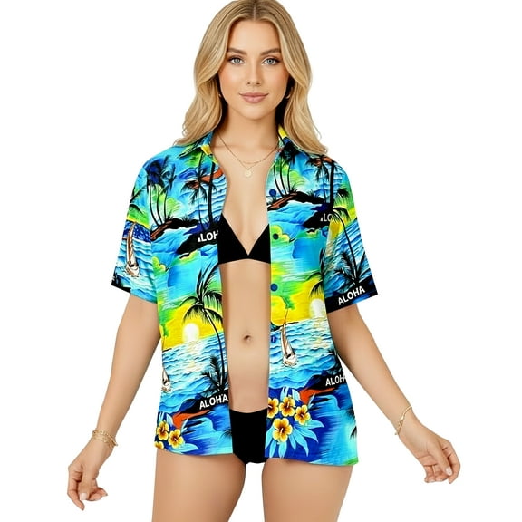 HAPPY BAY Button Down Shirt for Women Tropical Blouse Dress Shirt Short Sleeve Hawaiian Tops Vacation Button up Beach Party Summer Shirts for Women S Blue, Palm Tree Island