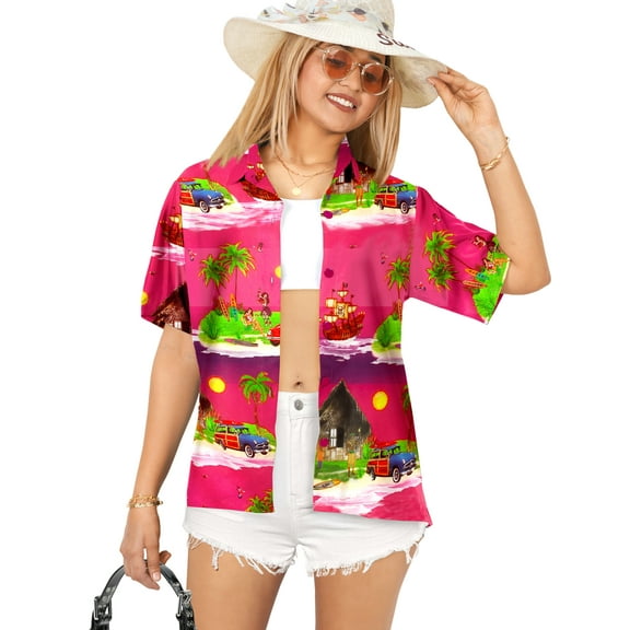 HAPPY BAY Hawaiian Shirts Womens Casual Beach Party Shirt Summer Blouse Short Sleeve Vacation Button up Dress Shirts Blouses for Women L Holiday Tribal, Autumn Pink
