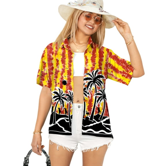 HAPPY BAY Hawaiian Shirts Womens Casual Summer Beach Blouses Shirt Luau Party Blouse Short Sleeve Tropical Vacation Dress Tops Tee Shirts T Shirt for Women M Landscape, Red