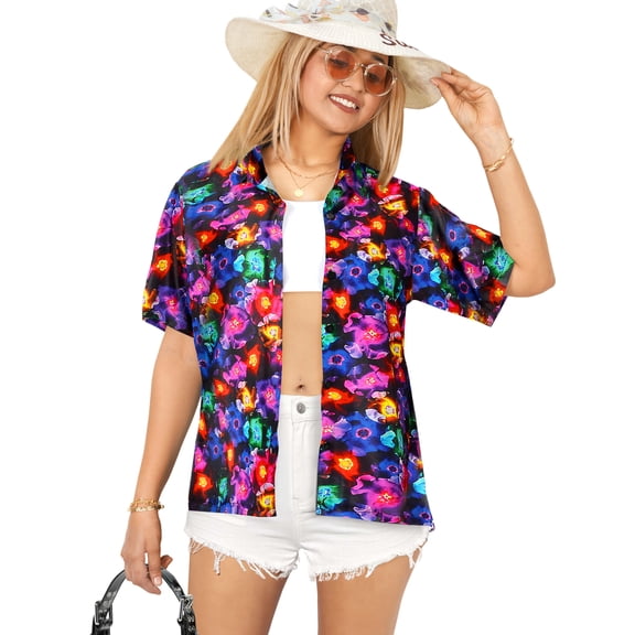 HAPPY BAY Hawaiian Shirts Womens Casual Summer Beach Party Blouse Shirt Collared Blouses Short Sleeve Vacation Button up Dress Tee Shirts Tops for Women S Neon Floral, Multicolor