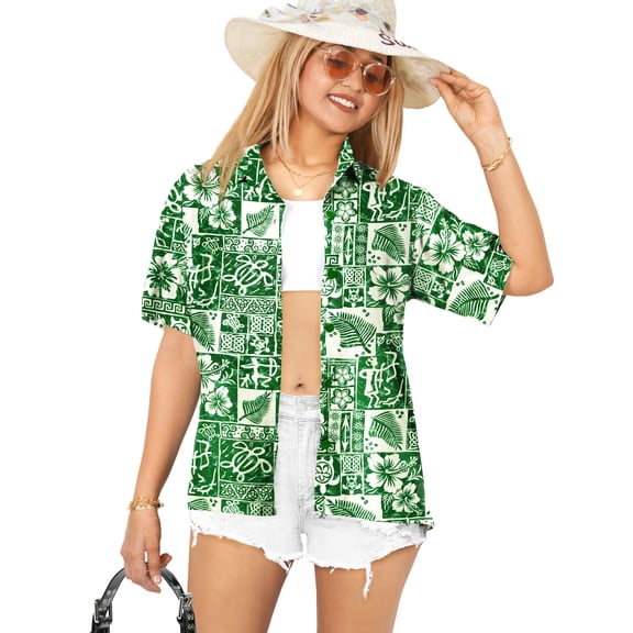HAPPY BAY Hawaiian Shirts Womens Casual Summer Beach Party Blouse Shirt Dressy Blouses Button up Short Sleeve Vacation Tops Dress Shirts T Shirts for Women S Floral, Green