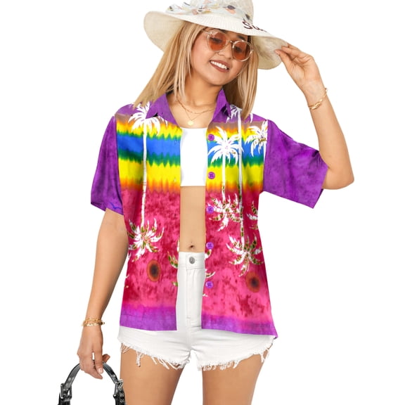 HAPPY BAY Hawaiian Shirts Womens Casual Summer Beach Party Blouse Shirt TShirts Short Sleeve Vacation Button up Dress Tops Tee Shirts Blouses for Women L Upside Down Palm, Purple