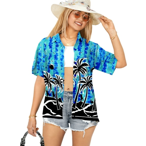 HAPPY BAY Hawaiian Shirts Womens Casual Summer Beach Party Blouse Shirt Tropical Blouses Short Sleeve Vacation Button up Dress Tops Tee Shirts Dresses for Women S Landscape, Blue