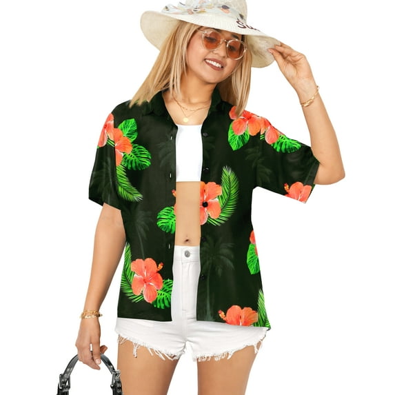 HAPPY BAY Hawaiian Shirts Womens Casual Summer Beach Party Blouse Shirt V Neck Blouses Short Sleeve Vacation Button up Dress Tops Tee Shirts for Women XL Shoe Floral, Black