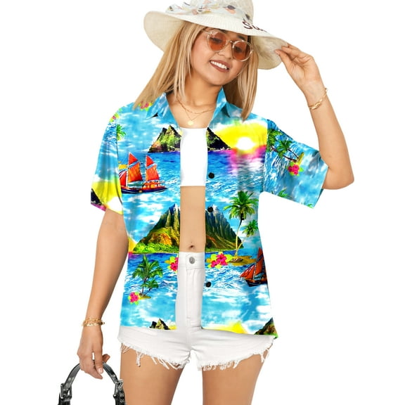 HAPPY BAY Hawaiian Shirts Womens Casual Summer Beach Party Blouses Shirt Blouse Short Sleeve Tropical Vacation Button up Dress Shirts Tank Top Women L Island View, Blue