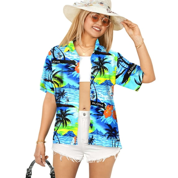 HAPPY BAY Hawaiian Shirts Womens Casual Summer Beach Party Blouses Shirt Blouse Short Sleeve Tropical Vacation Tops Button up Dress Shirts for Women XL Palm Tree View, Blue