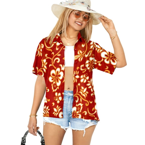 HAPPY BAY Hawaiian Shirts Womens Casual Summer Beach Party Short Sleeve Blouse Shirt Open Front Tops Blouses Dress Shirts Dresses for Women M Floral, Red