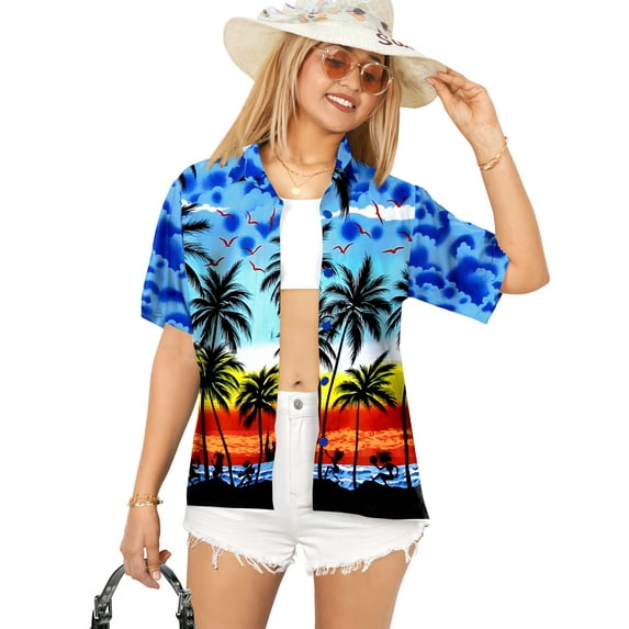 HAPPY BAY Hawaiian Shirts Womens Casual Summer Beach Party Short Sleeve Tropical Vacation Blouse Shirt V Neck Blouses Dress Tops Tee Shirts for Women XXL Palm Tree View, Royal Blue