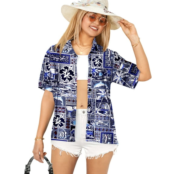 HAPPY BAY Hawaiian Shirts Womens Casual Summer Beach Party Short Sleeve Tropical Vacation Tops Blouse Shirt Blouses Button up Dress Shirts for Women M Hawaii Theme, Blue