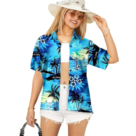 HAPPY BAY Hawaiian Shirts Womens Casual Summer Beach Party Short Sleeve Vacation Blouse Shirt Tropical Blouses Dress Shirts Dresses for Women XXL Beach, Blue