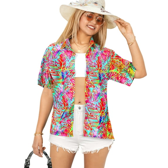 HAPPY BAY Hawaiian Shirts Womens Casual Summer Button Down Beach Party Blouses Shirt Open Front Blouse Short Sleeve Tee Shirts Dresses for Women XL Leaves Crayons, Multicoloured