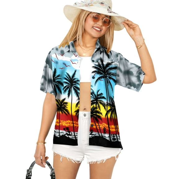 HAPPY BAY Hawaiian Shirts Womens Casual Summer Button Down Beach Party Short Sleeve Vacation Blouse Shirt T-Shirt Blouses Button up Tee Shirts for Women XXL Palm Tree View, Grey