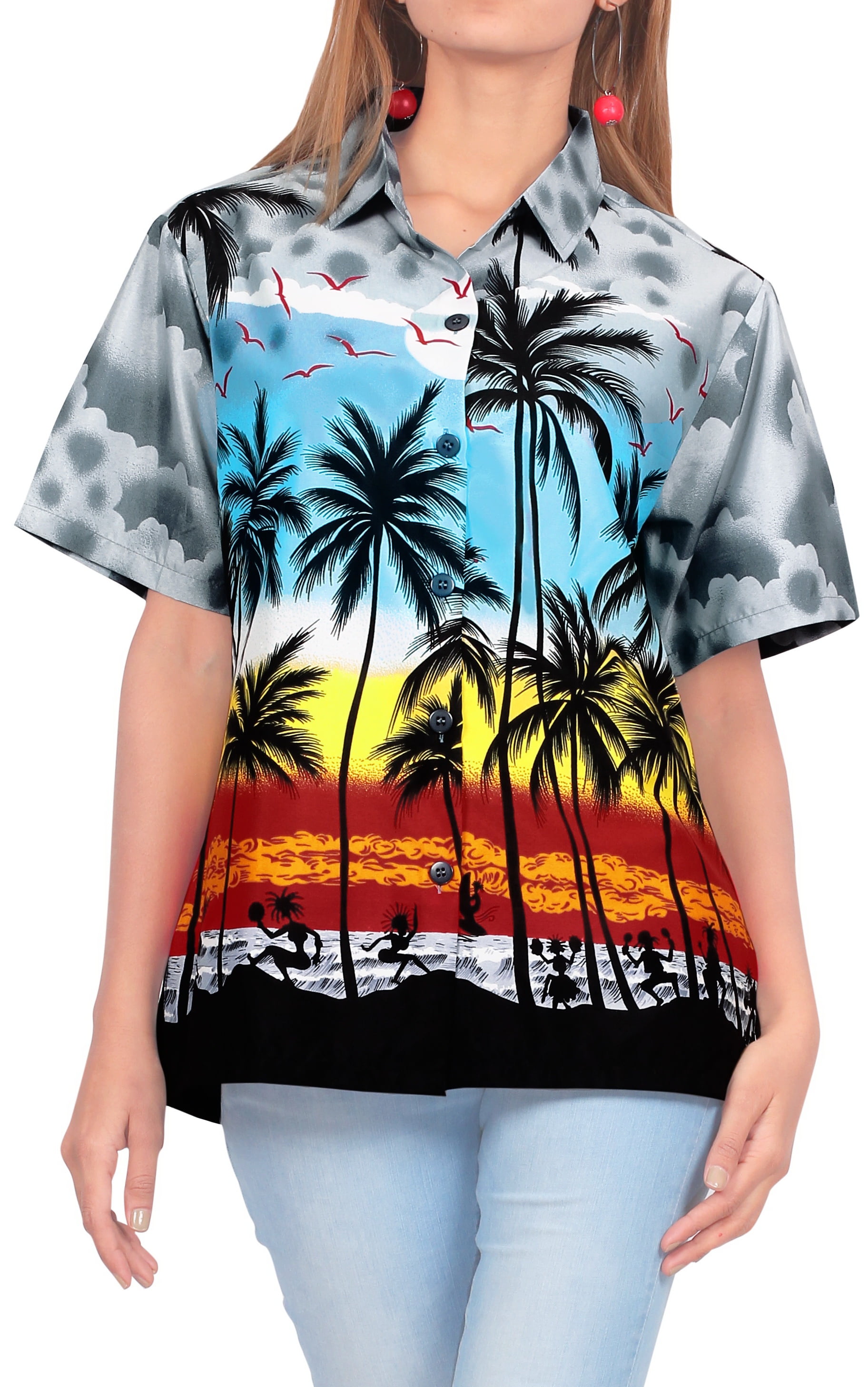 Hawaiian Shirts For Women - Tropical Flower Graphic Tees, Short Sleeve Summer Vacation Tops